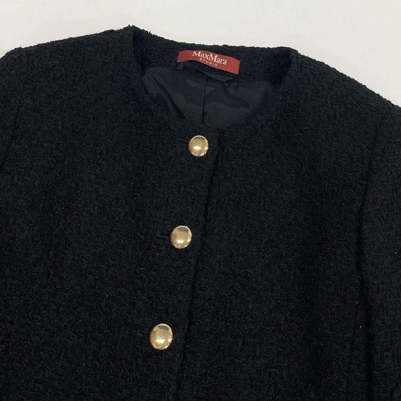 46L8 MaxMara マックスマーラ ツイードジャケット ノーカラージャケット 金ボタン アウター 36サイズ ブラック レディースk02i