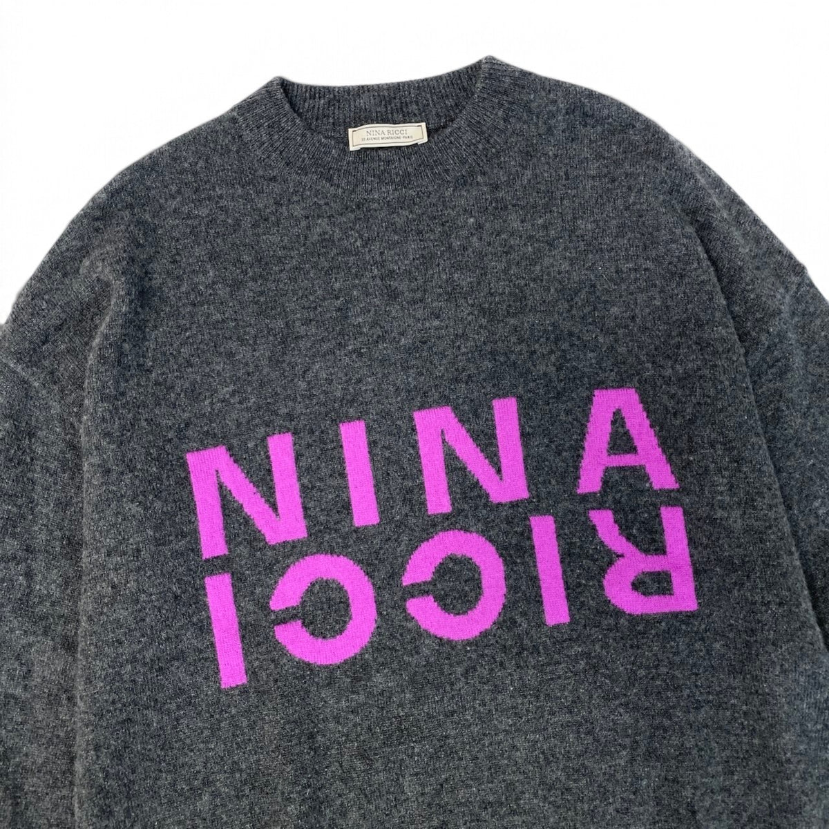 30j27 NINA RICCI ニナリッチ 近年 クルーネック ニットセーター サイズM ダークグレー カシミヤ100％ レディースu02t