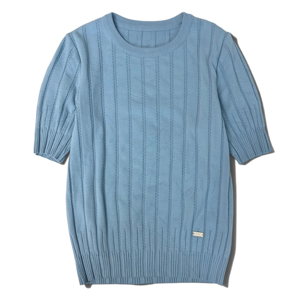 30j27 FOXEY BOUTIQUE フォクシー STRATA 半袖ニット トップス ロゴプレート 41268 サイズ38 ブルー レディースu02t