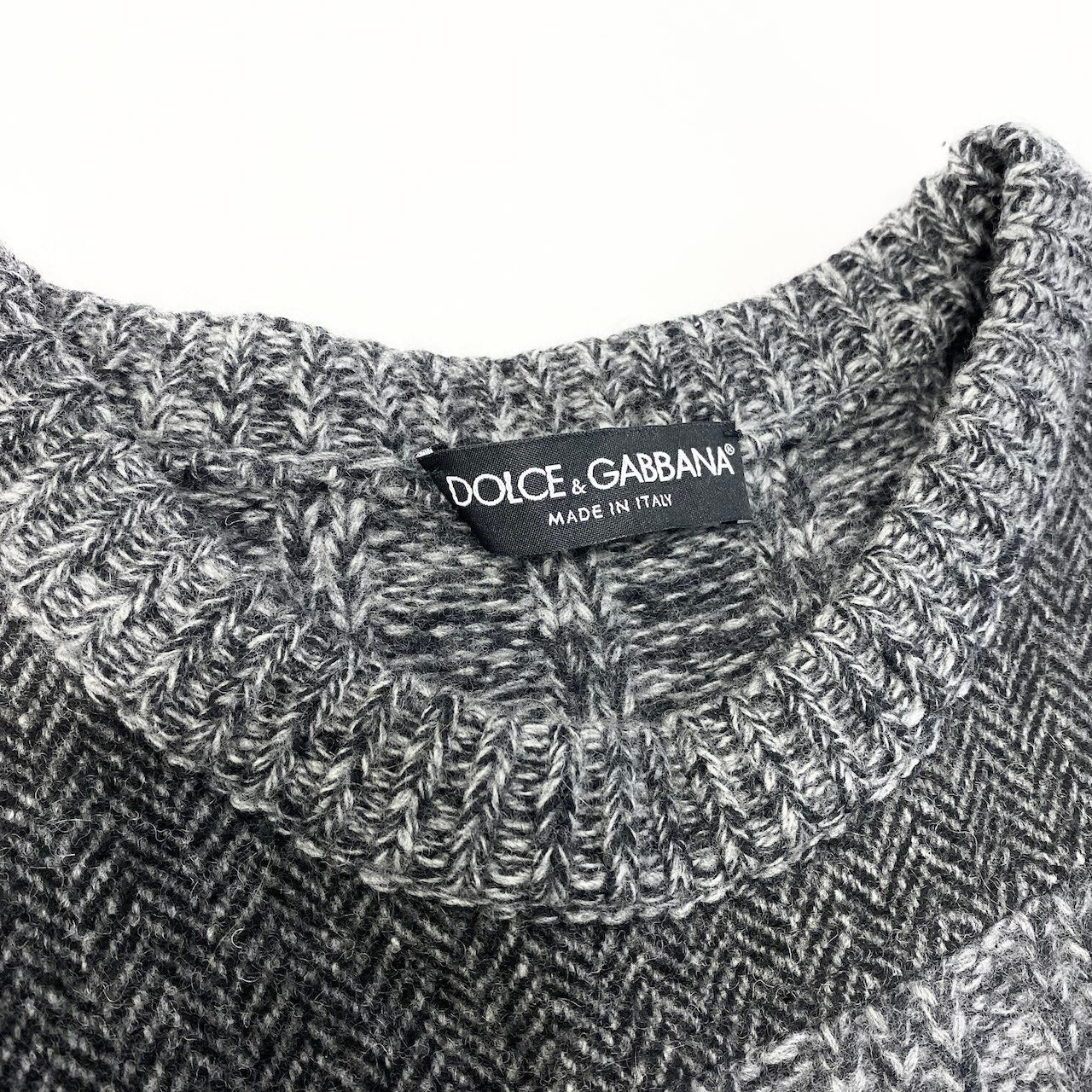 15e11 【美品】DOLCE&GABBANA ドルチェアンドガッパーナ ロングスリーブニットセーター 切替デザイン ツイード イタリア製 44サイズ グレー メンズ 男性用u02t