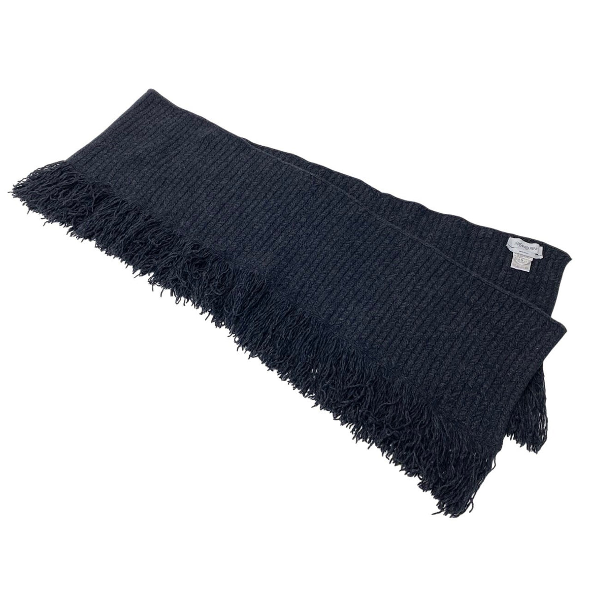 10i28 YVESAINTLAUREN イヴサンローラン 大判マフラー フリンジ カシミヤ混 イタリア製 ダークネイビー レディース 女性用u02t