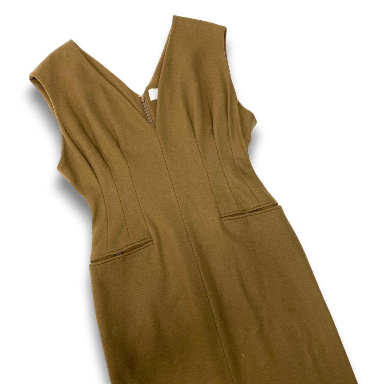 54c20 mame kurogouchi マメ クロゴウチ V-Neck Tucked Wool Dress Vネックタックウールドレス サイズ2 カーキブラウン レディースk02i