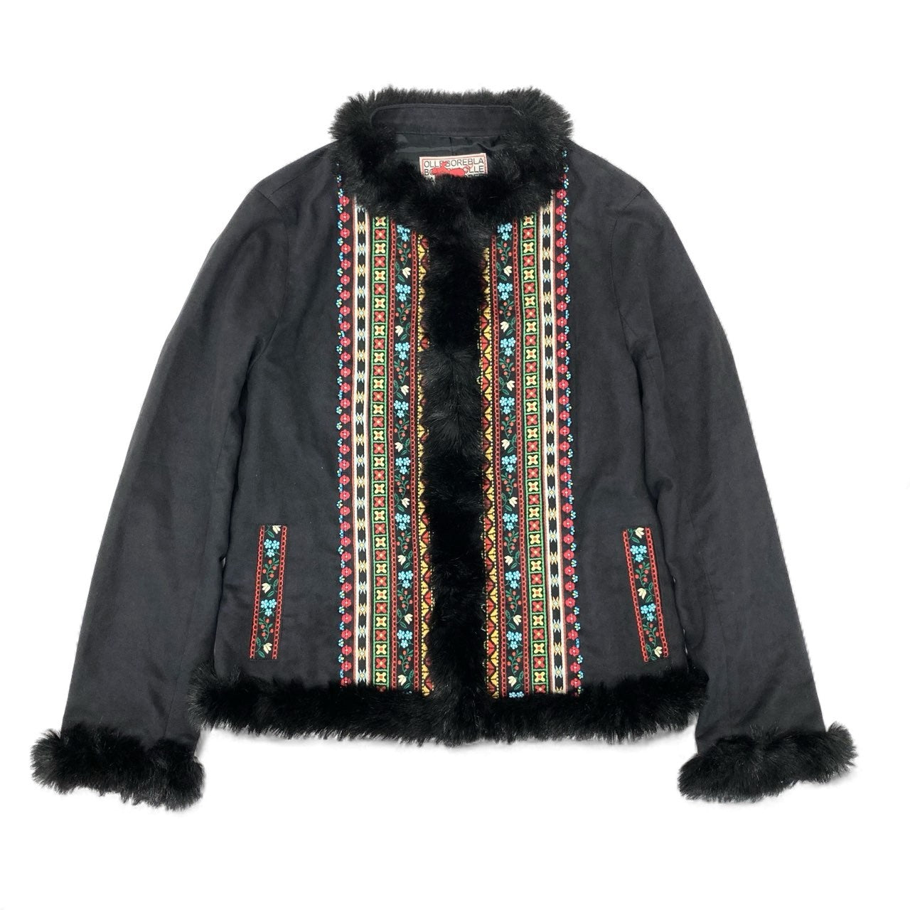 21k14 OLLEBOREBLA オレボレブラ アルベロベロ ノーカラージャケット ファー 花柄刺繍 ビーズ装飾 レディース 女性用 ブラックu02t