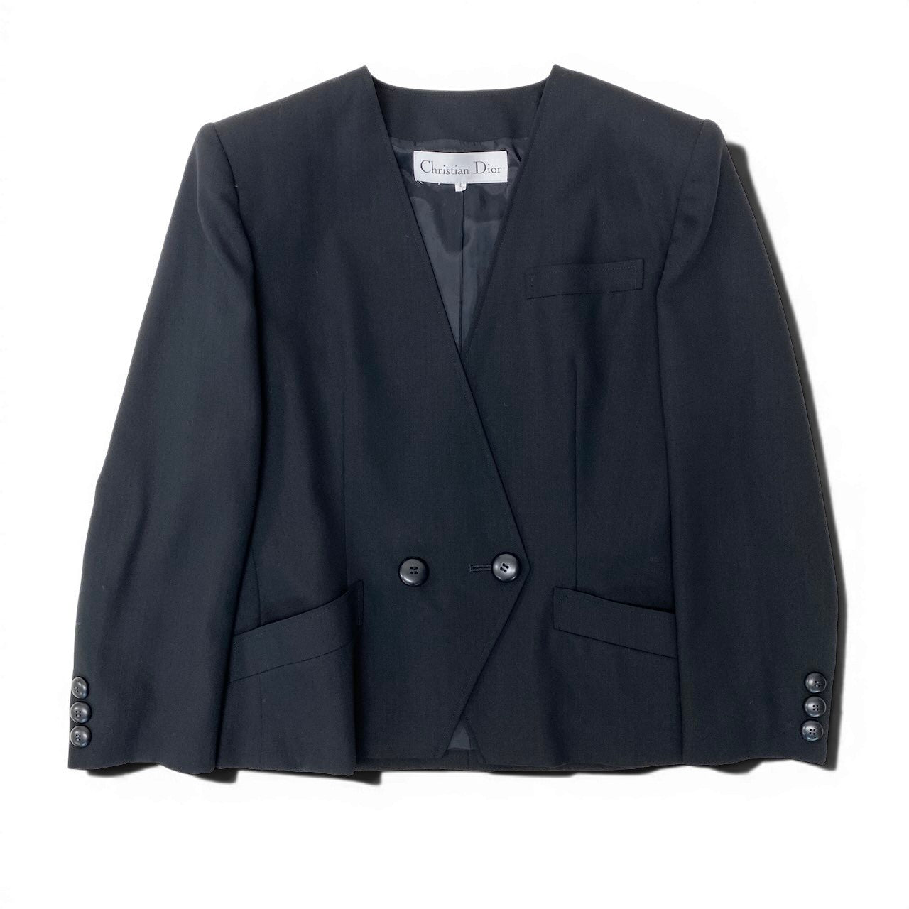 89g24 【美品】Christian Dior クリスチャンディオール ノーカラージャケット フォーマルジャケット アウター Lサイズ ブラック ウール100％ レディース 女性用u02t