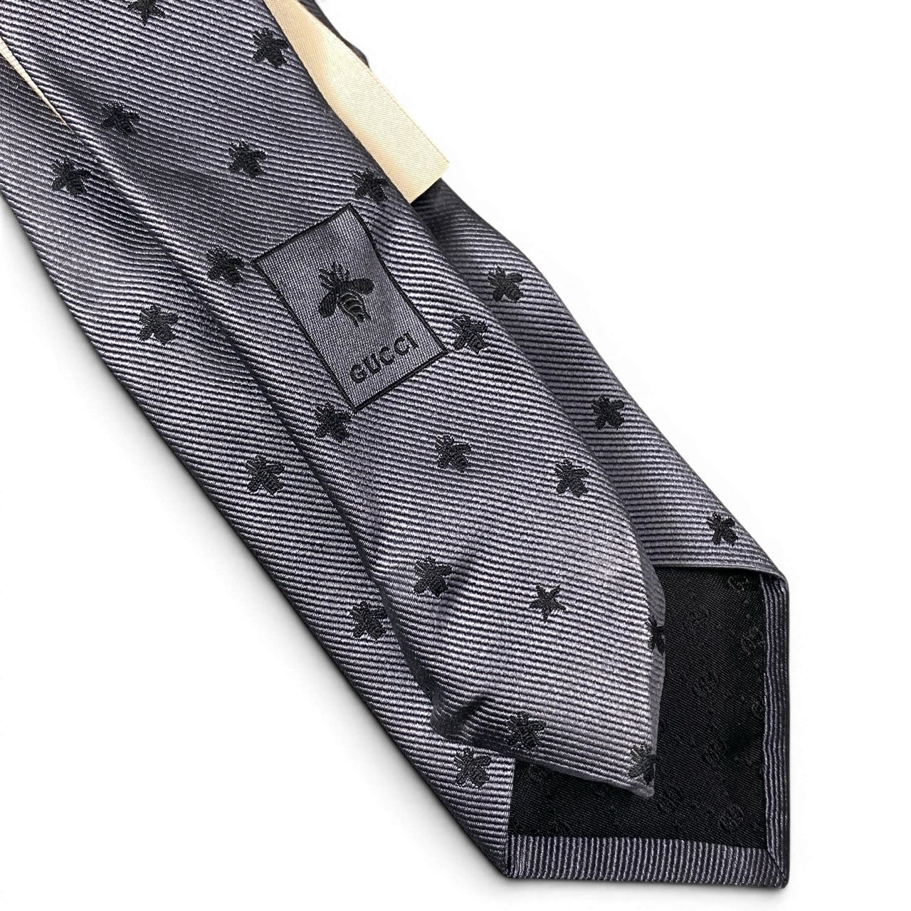 d23 GUCCI グッチ ネクタイ ビー&スター 総柄 刺繍 ビジネス フォーマル 148cm×7cm グレー シルク100％ メンズ 紳士用k02i