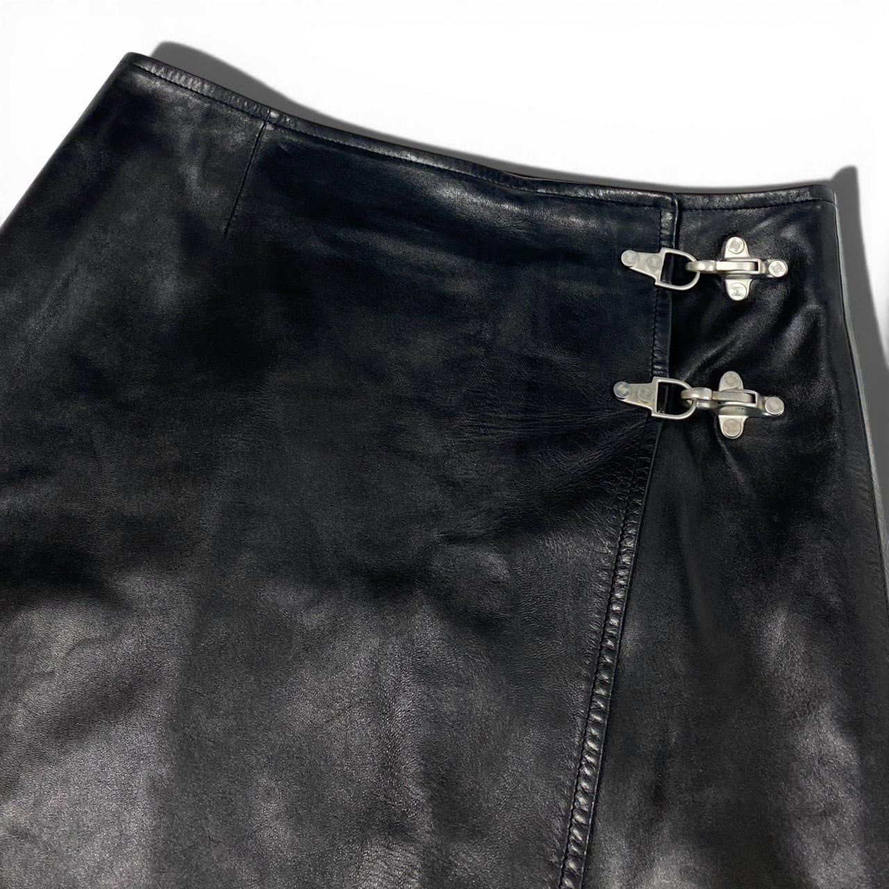 Eb11 CELINE セリーヌ ヴィンテージ マカダム金具 レザー巻きスカート 40サイズ ブラック 羊革100％ レディース 女性用k02i