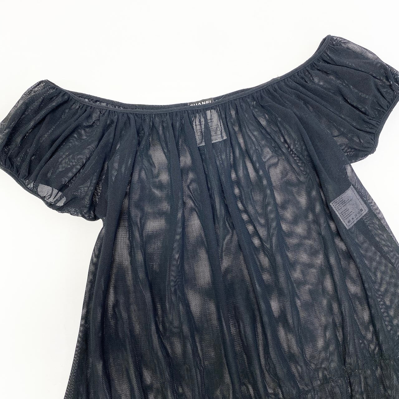 Cd22 CHANEL シャネル シースルーメッシュブラウス パフスリーブ オフショルダー トップス P16717V09413 40サイズ ブラック レディース 女性用u02t