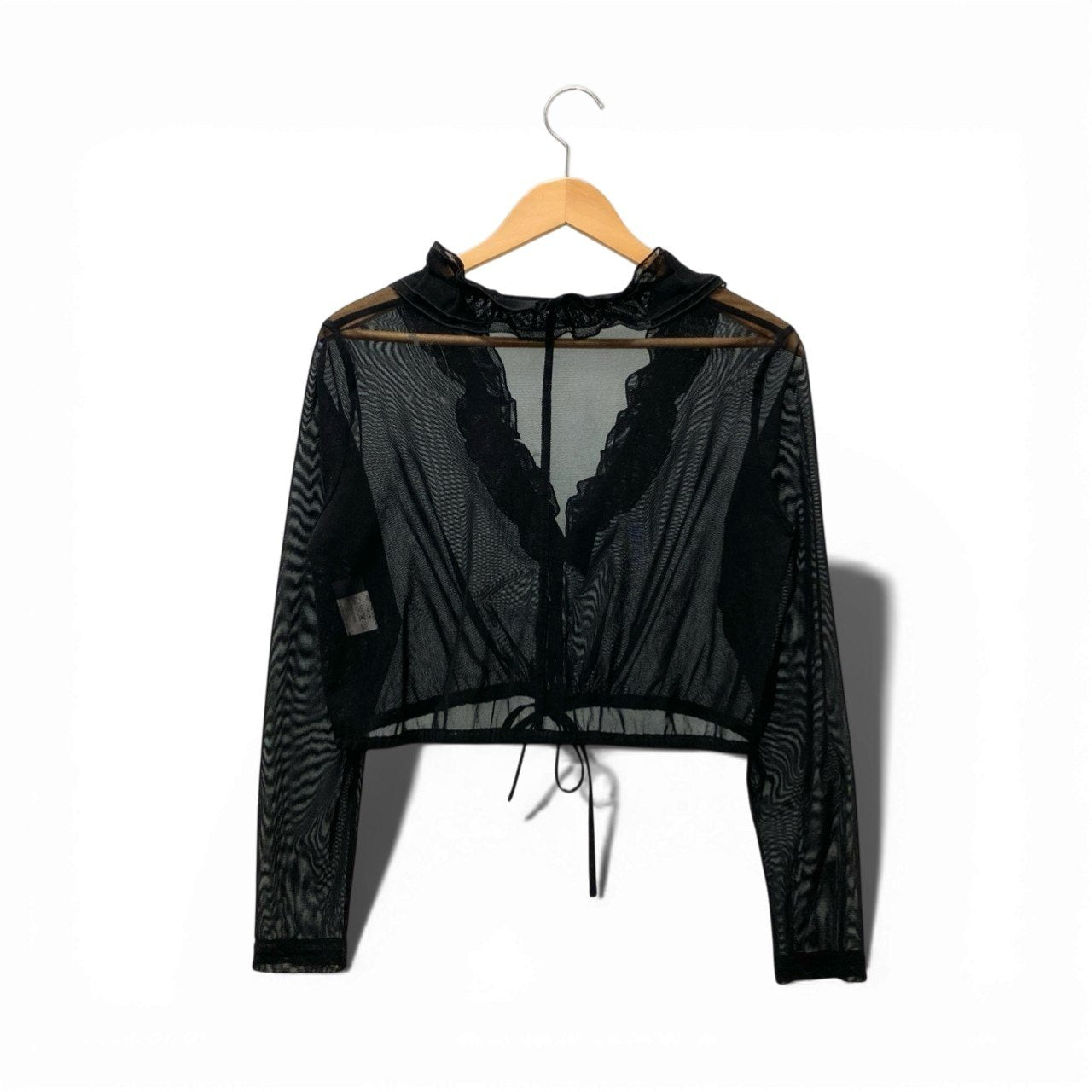 45c6 【美品】 TOKUKO 1erVOL トクコプルミエヴォル シアーボレロ フリル カーディガン ショート丈 裾リボン レディース 女性服 サイズ9 ブラック ポリエステル100％u02t