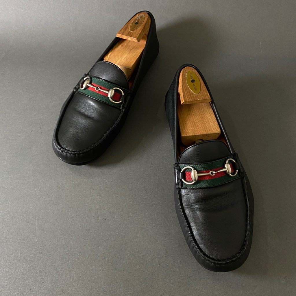 3h4 GUCCI グッチ ドライビングシューズ ウェブストライプ ホースビット シェリーライン レザーシューズ 450892 9 1/2 ブラック レザー