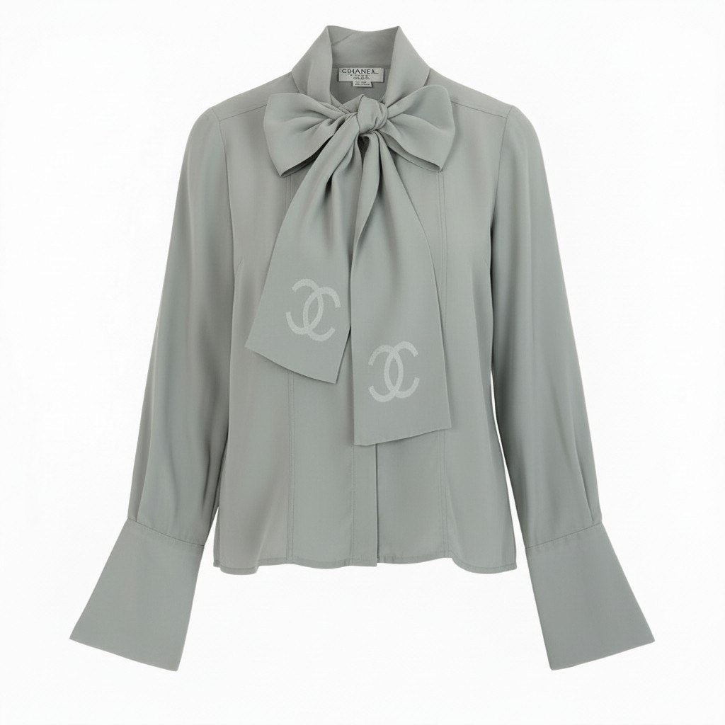 b26 CHANEL ヴィンテージ シャネル 90s ココマーク デカココ ボウタイブラウス シルクブラウス M相当 グレー シルク レディース トップスta1