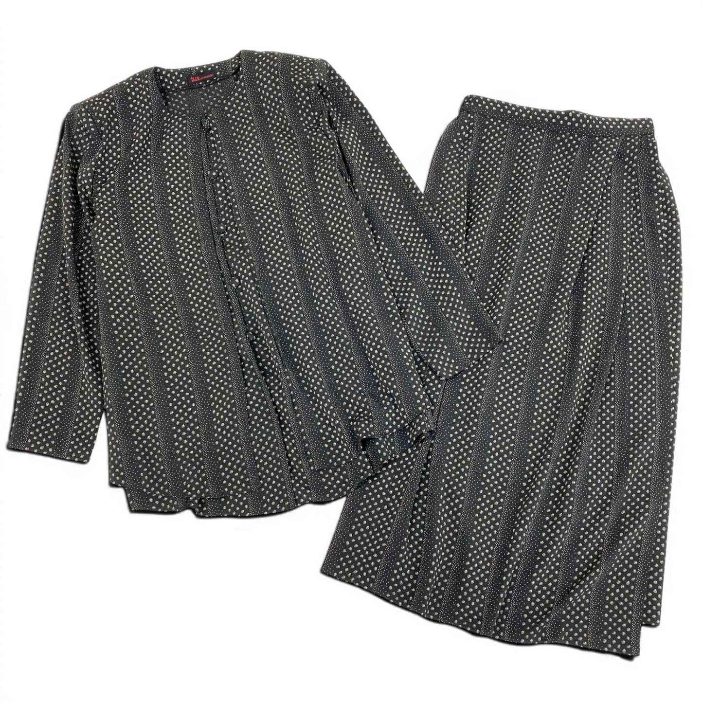 47d16 【美品】 詩仙堂 BY HITOSHI シセンドウ セットアップスカート ちりめん レイヤード風 ノーカラージャケット ラップスカート 総柄 ネイビー ポリエステル100％ レディース 女性用u02t