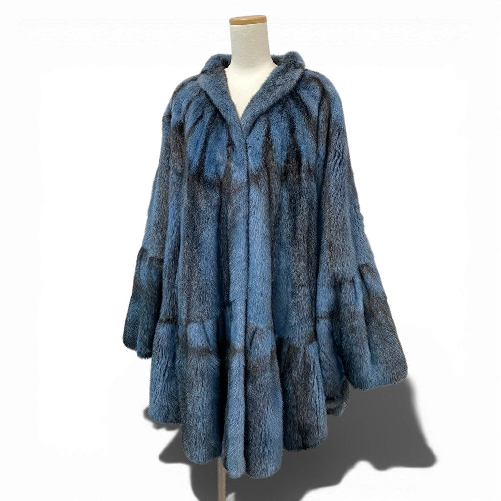 29l27《超希少》 染め クロスミンク ポンチョ型 ロングコート サイズF ブルー ブラック 最高級本毛皮 MINK FUR 毛並み◎t18r
