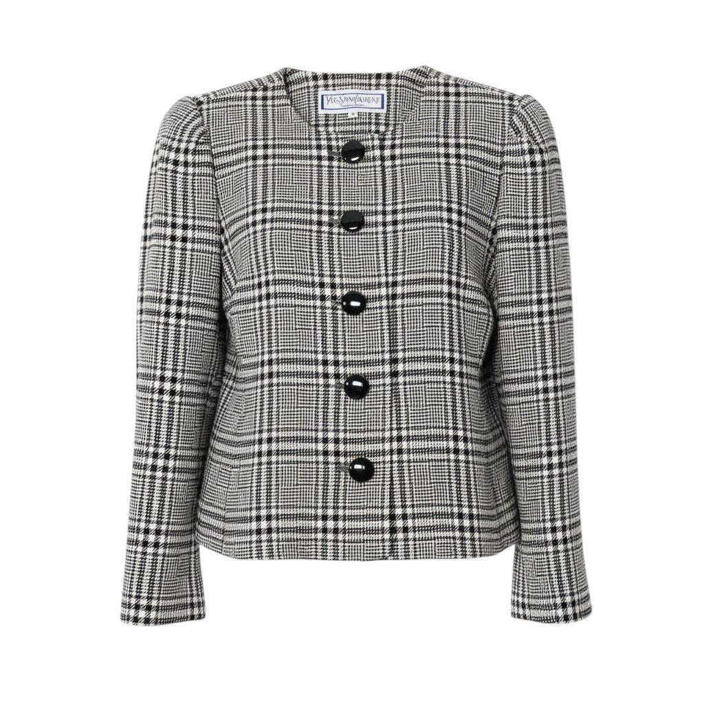 56i16 YVES SAINT LAURENT イヴサンローラン ノーカラージャケット グレンチェック カシミヤブレンド サイズM ブラック ホワイト グレー レディースo07t