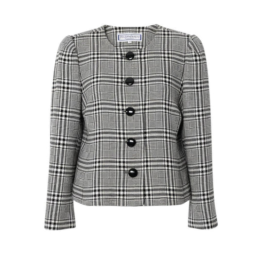 56i16 YVES SAINT LAURENT イヴサンローラン ノーカラージャケット グレンチェック カシミヤブレンド サイズM ブラック ホワイト グレー レディースo07t
