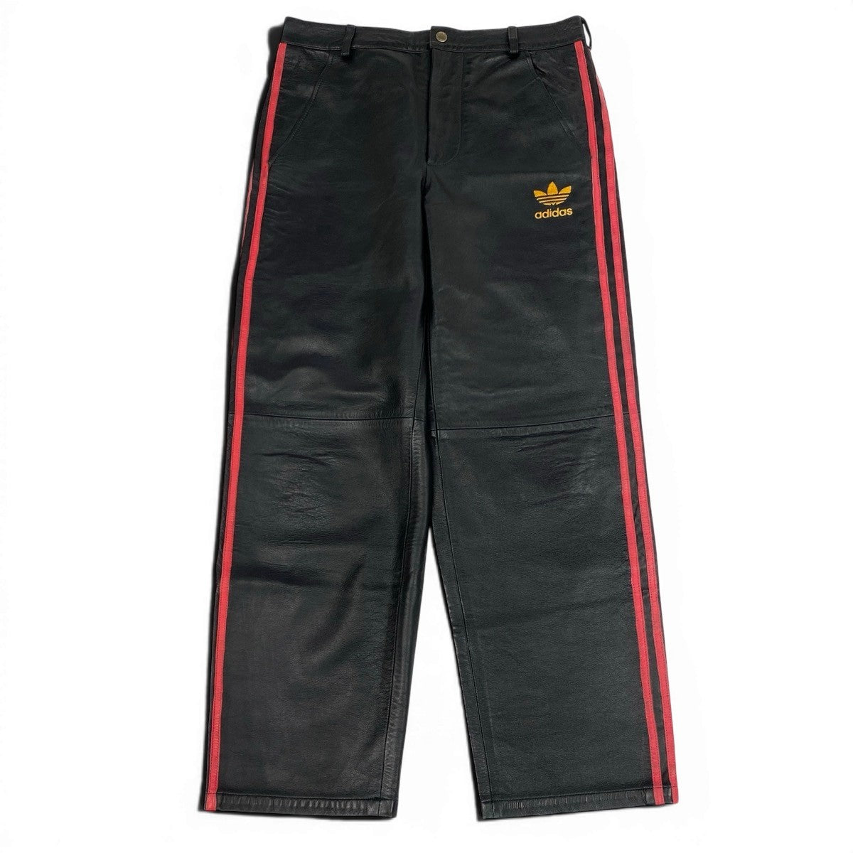 55f10 adidas アディダス 2002年 黒タグ レザー トラックパンツ トレフォイルロゴ 刺繍 サイズM ブラック レッド メンズ 紳士服u02t
