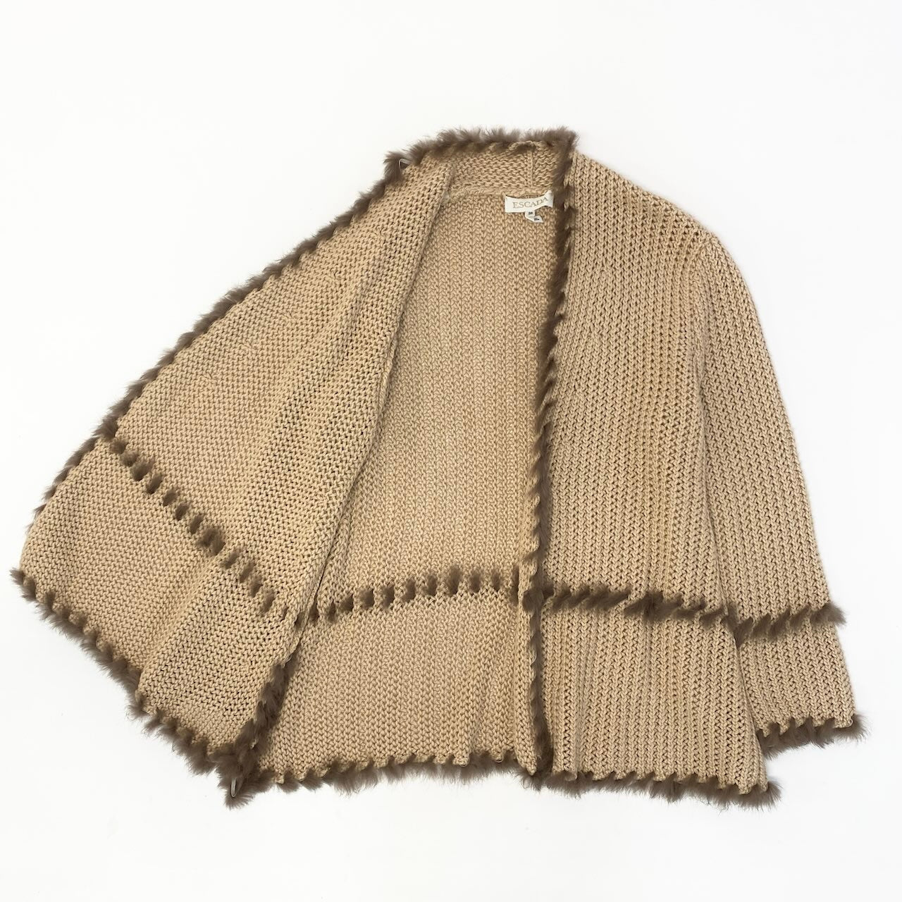 65e7 ESCADA エスカーダ ローゲージ ニットカーディガン ロングカーディガン イタリア製 サイズ38 ベージュ系 カシミヤ シルク レディース 女性服u02t