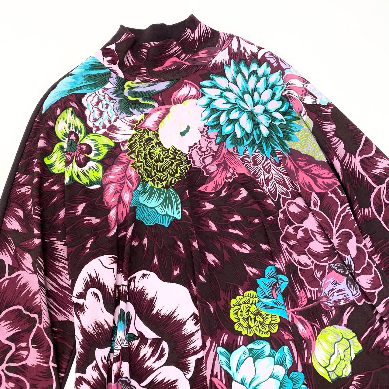 14c2 TOKUKO 1er VOL トクコプルミエヴォル ロングスリーブ チュニックワンピース アシンメトリー 花柄プリント ストレッチ レディース 女性服 サイズ9 パープルu02t