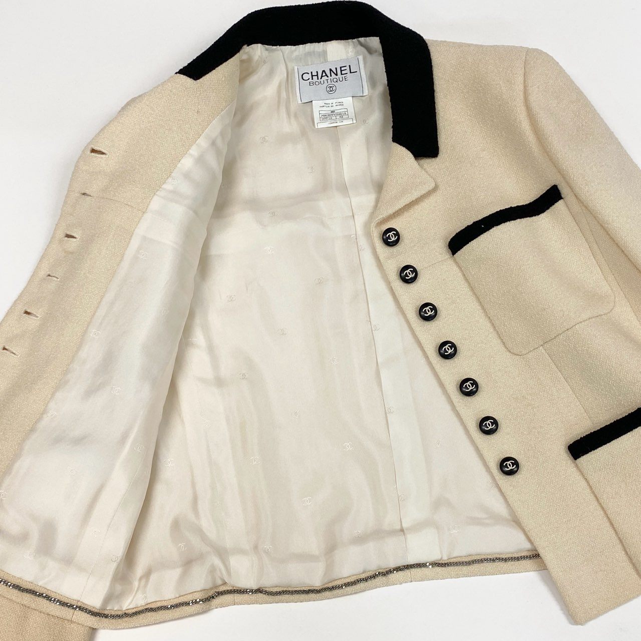10f20 Vintage CHANEL シャネル 1996 ツイードジャケット テーラージャケット バイカラー ココマークボタン 42 アイボリー ブラック レディースta1