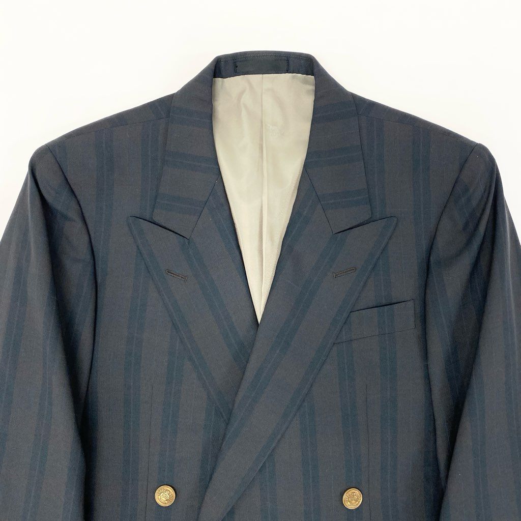 16a27 Burberrys バーバリーズ ダブルブレスト テーラードジャケット ブレザー 金ボタン チェック柄 90-78-165 A4 ネイビー系 ウール100％ メンズ 男性用o07t