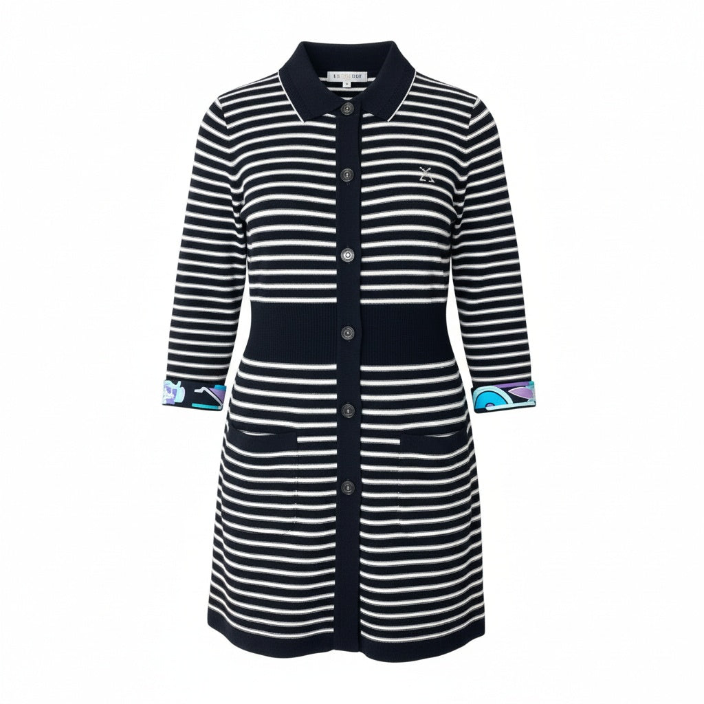 42b7 LEONARD レオナール ニットポロ ペプラム ボーダー ビジュー 40 ネイビー レディース 女性用u02t