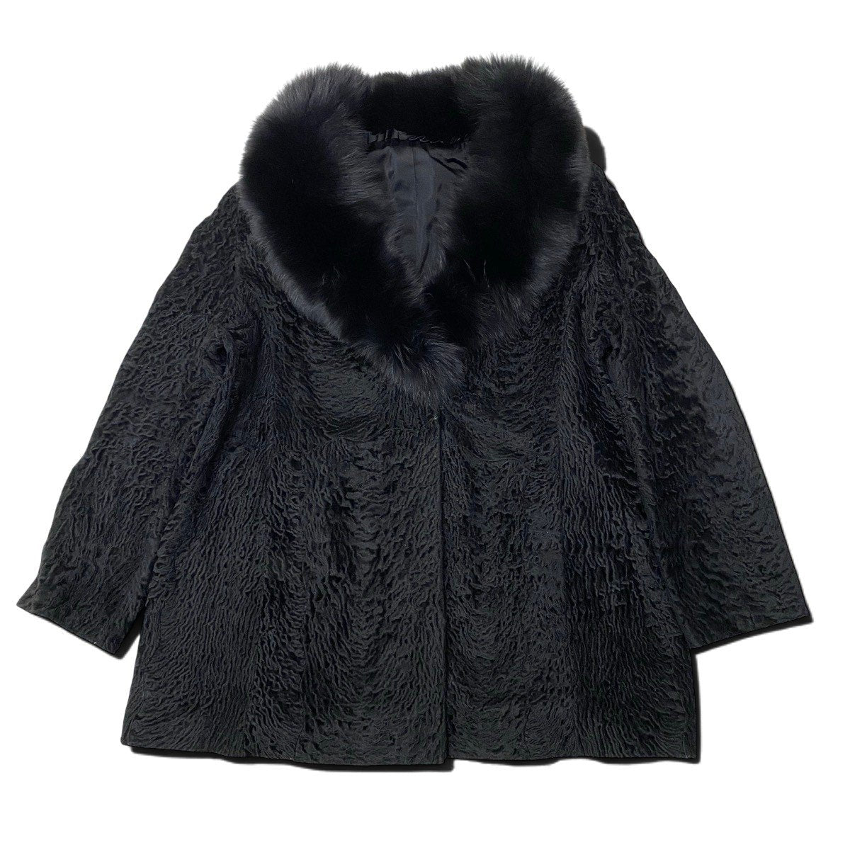 14i20 フォックスファー カルガンラム コート サイズ15 ブラック 本毛皮 Fox Fur ＆ Karakul Lamb Fur Coatt18r