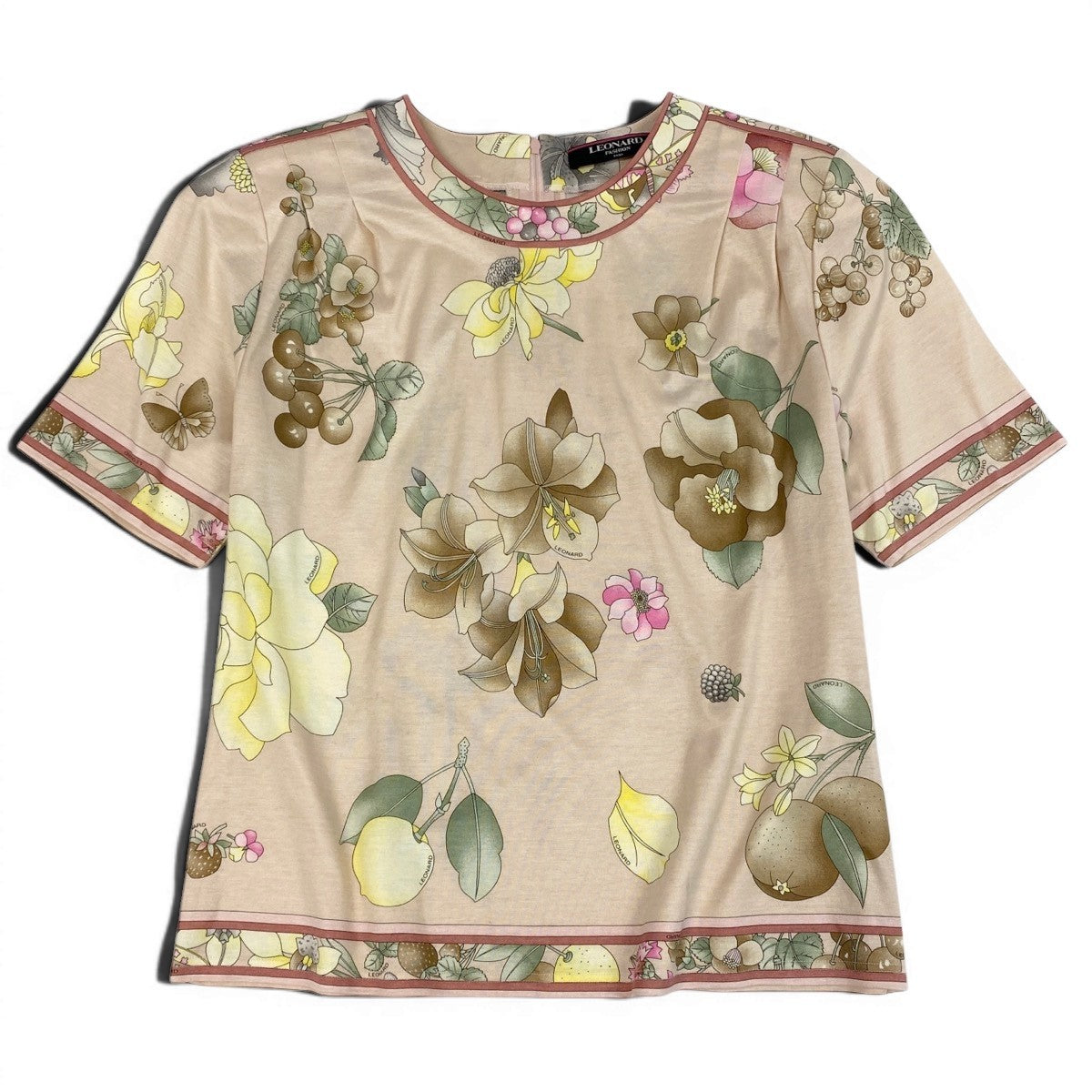 11f5 LEONARD FASHION レオナール 半袖Tシャツ カットソー 美しい花柄プリント 大きいサイズ LL ピンク系 コットン100％ レディース 女性服u02t