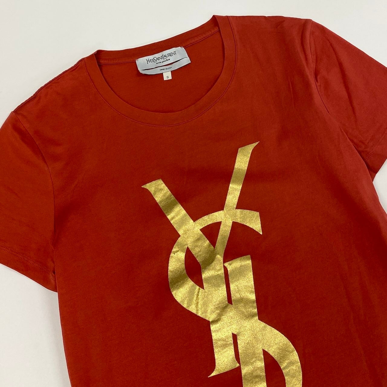 c24 《美品》 YVES SAINT LAURENT rive gauche イヴサンローランリブゴーシュ 半袖カットソー トップス ゴールドロゴ S オレンジ コットン レディースu02t