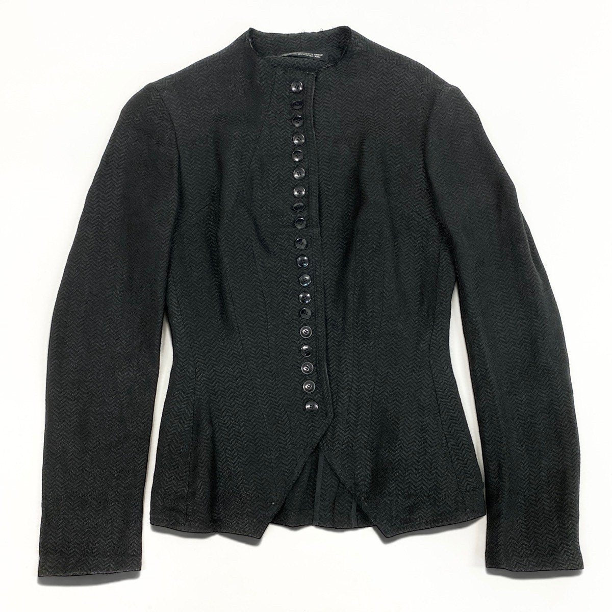 Ah6 yohji yamamoto ヨウジヤマモト femme 1998年 ランウェイ着 ノーカラージャケット  FJ-J08-261 XS ブラック レーヨン リネンu02t