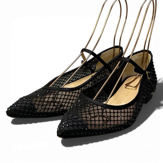 1k26 JENNIFER CHAMNDI ジェニファー チャマンディ メリージェーンパンプス ポインテッドトゥ パンプス ローヒール  ラインストーン アンクルストラップ レディース 女性靴 イタリア製 37 ブラックu02t