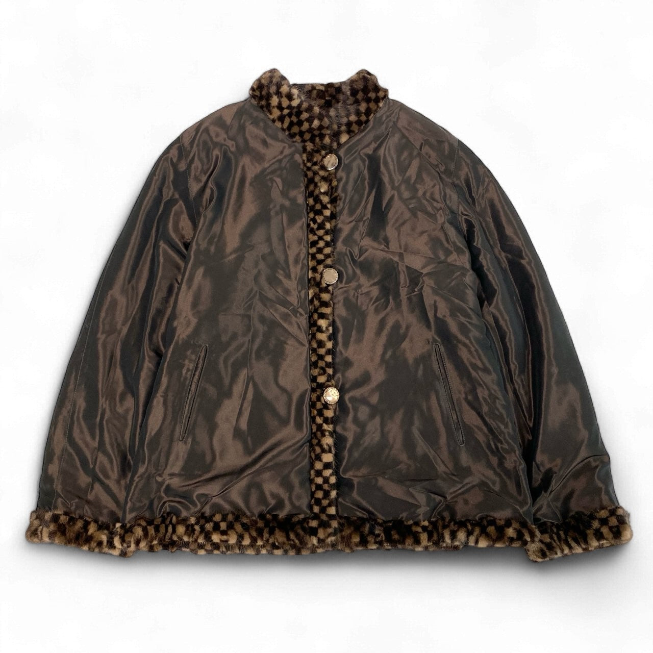 27k14《美品》 ミンクファー リバーシブルコート ブラウン 本毛皮 チェック柄 MINK FUR ダミエ 市松模様 ジャケット 軽量◎t18r