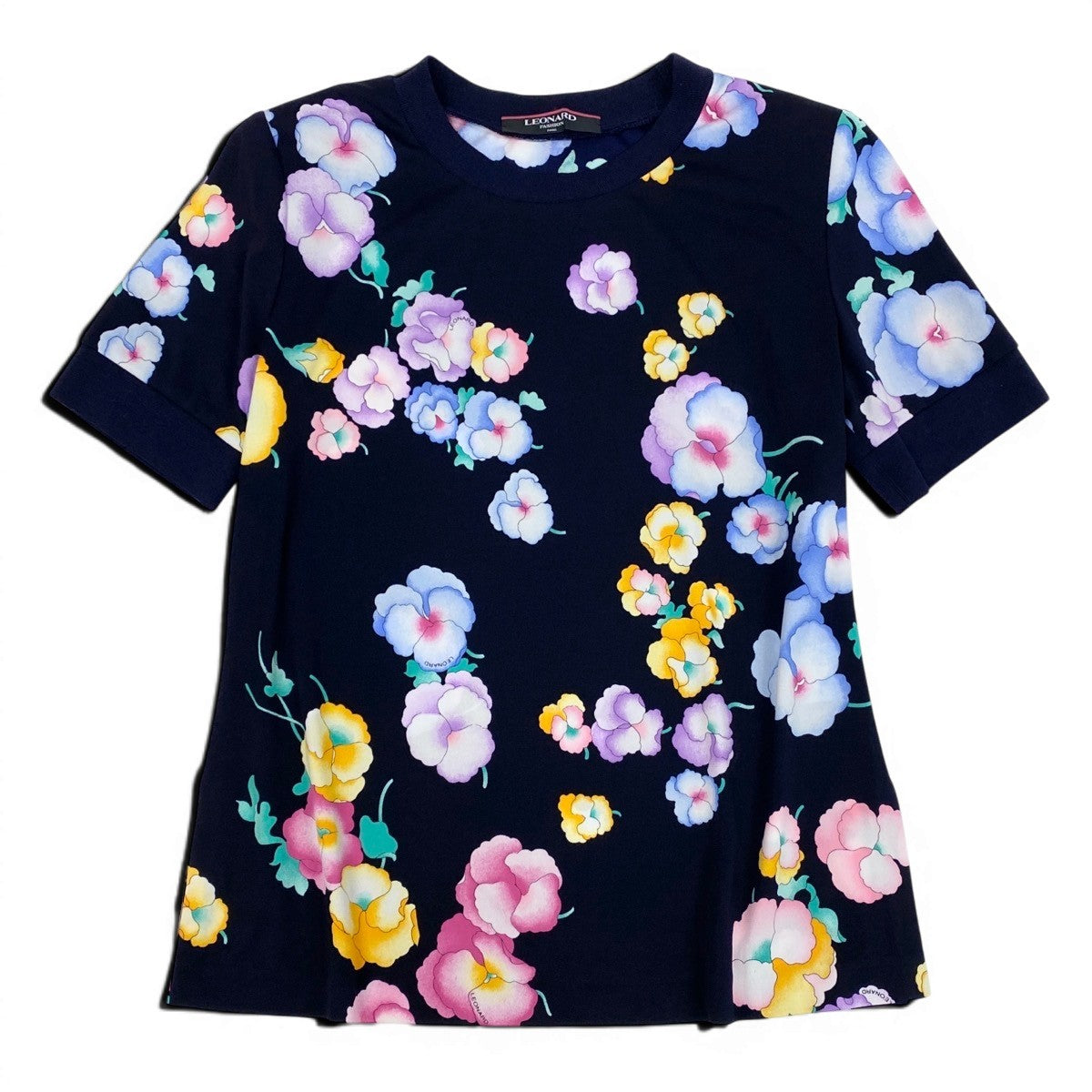 52f10 【美品】 LEONARD FASHION レオナール リブネック 半袖カットソー 美しい花柄プリント カンカン素材 サイズM ネイビー レディース 女性服u02t