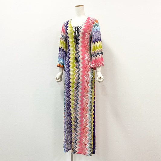 75f24 《美品》 MISSONI ミッソーニ スリット入り メッシュニットワンピース 40 マルチカラー フロントコード フレアスリーブ ドレス イタリア製