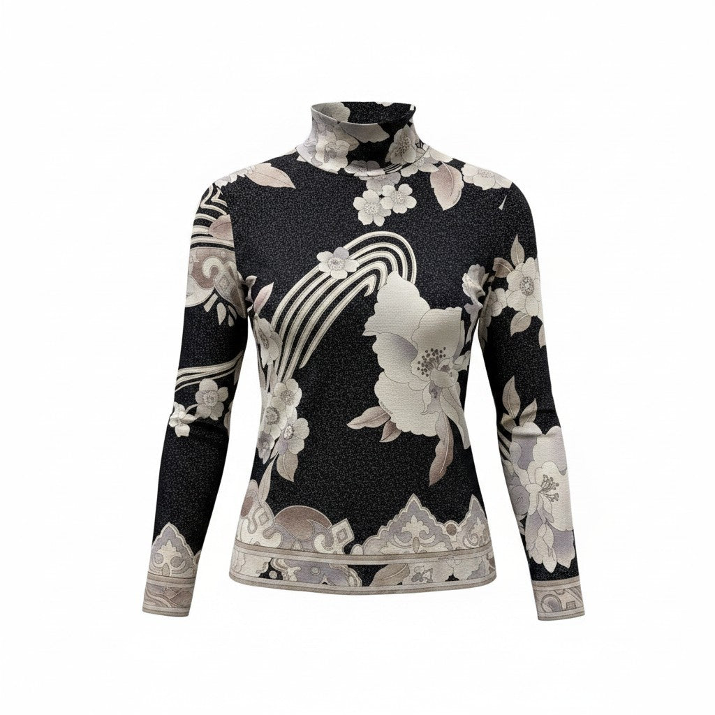 49f17 LEONARD FASHION レオナール ハイネック ロングスリーブカットソー 美しい花柄プリント ラメ糸 ストレッチ サイズM ブラック系 レディース 女性服u02t