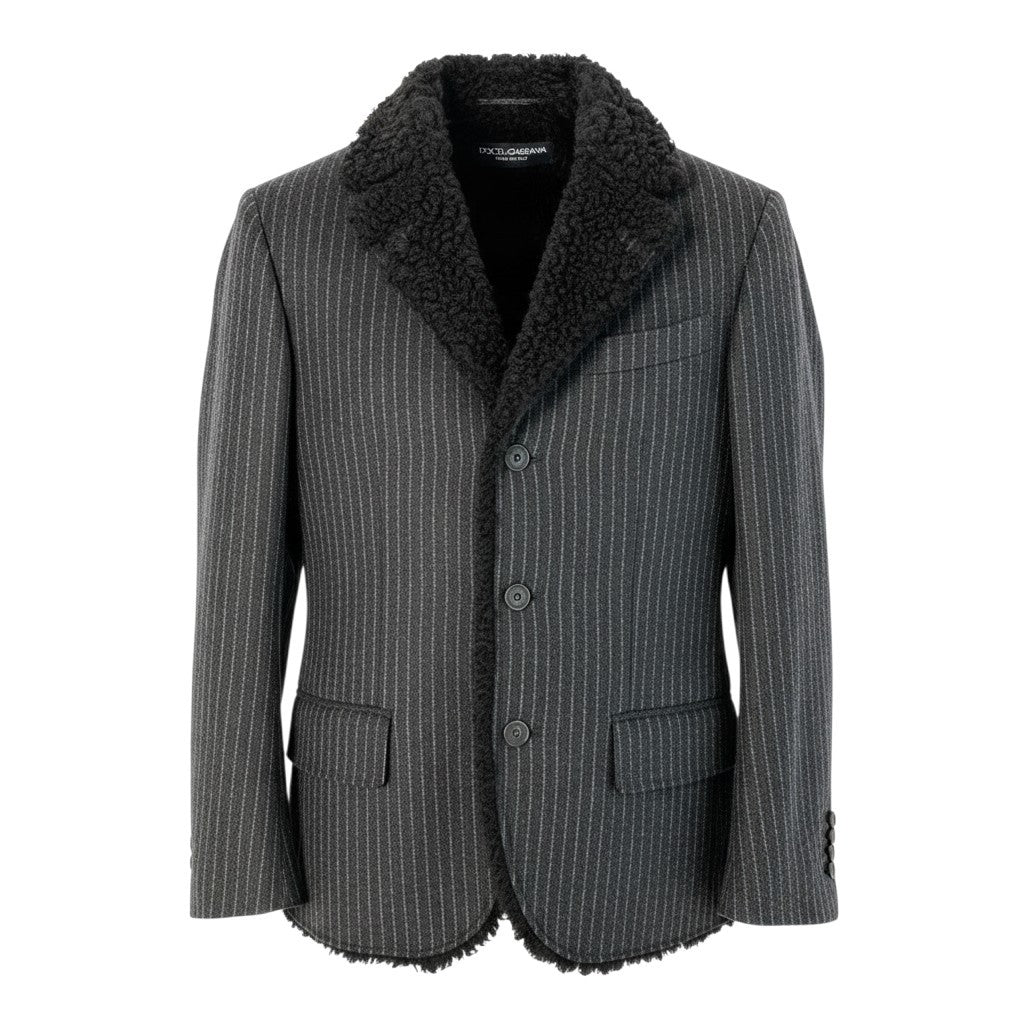 j26 【美品】DOLCE&GABBANA ムートンテーラードジャケット ラムファー ストライプ柄 44サイズ グレー メンズ 男性用k02i