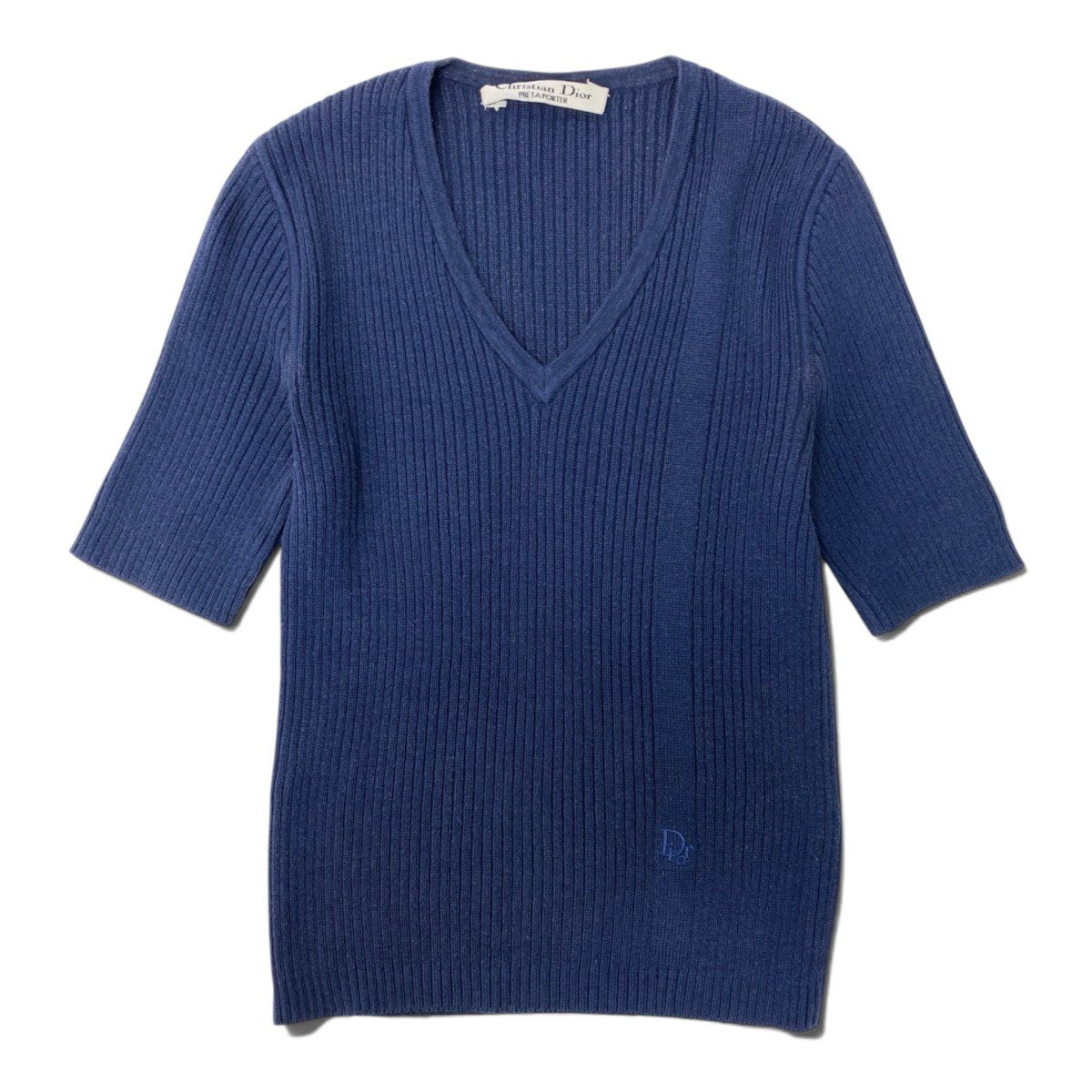 91h3 Christian Dior クリスチャンディオール ロゴ刺繍 リブニット ショートスリーブ ニットセーター ネイビー レディース 女性用o07t