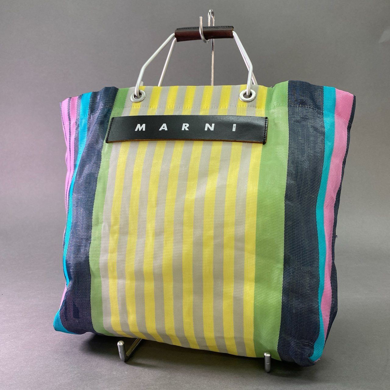 Bj28 MARNI マルニ フラワーカフェ ストライプ メッシュトートバッグ マルチカラー MARKET STRIPE マーケット ストライプ