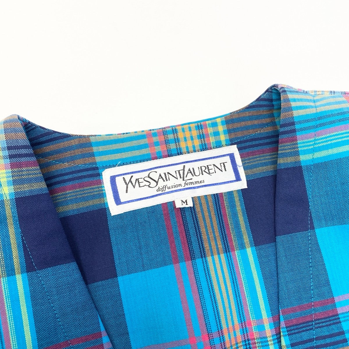 11e27 YVES SAINT LAURENT イヴサンローラン ノーカラージャケット マドラスチェック 金ボタン サイズＭ マルチカラー ウール100％ レディース 女性服u02t