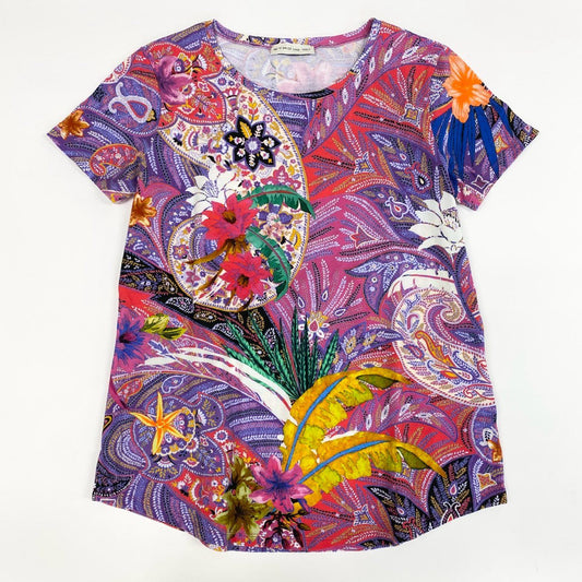 67j6《美品》 ETRO エトロ イタリア製 半袖Tシャツ クルーネック カットソー 花柄プリント ストレッチ◎ レディース 女性用 マルチカラー コットン100％u02t
