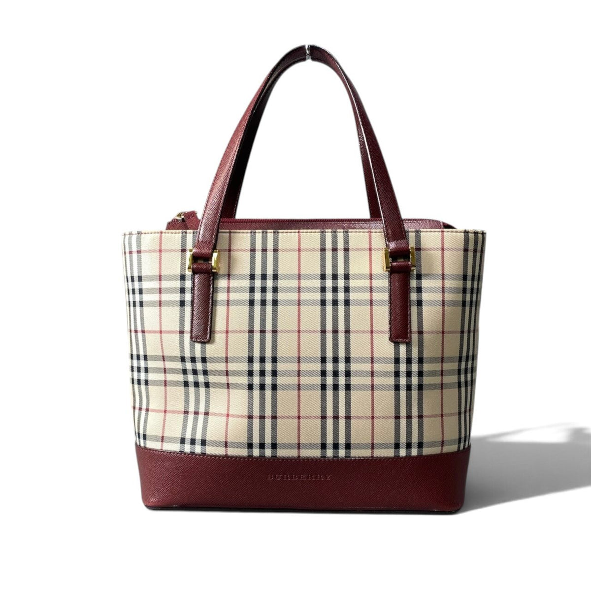 h13【美品】BURBERRY ハンドバッグ ノバチェック  ベージュ ボルドー キャンバス レザー レディース 女性用k02i