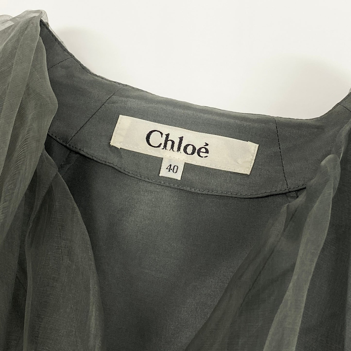 40d16 Chloe クロエ シアーフリル 長袖シャツ シルクブラウス トップス 40 グレー シルクu02t