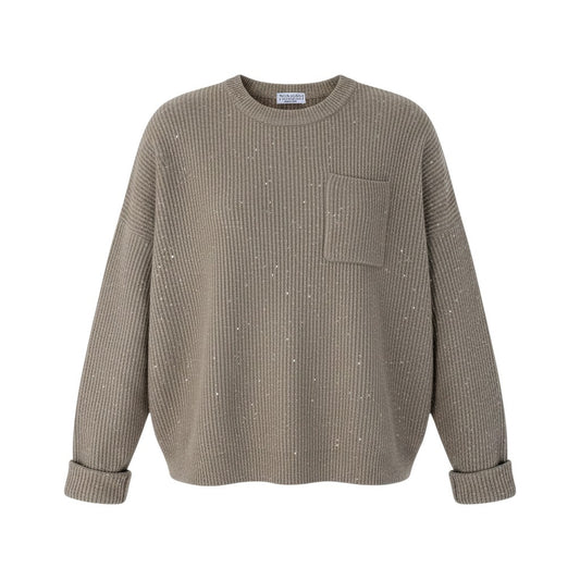 12g1【美品】 BRUNELLO CUCINELLI ブルネロクチネリ スパンコール ラメニット クルーネックセーター カシミヤ混 XS ベージュ レディースu02t