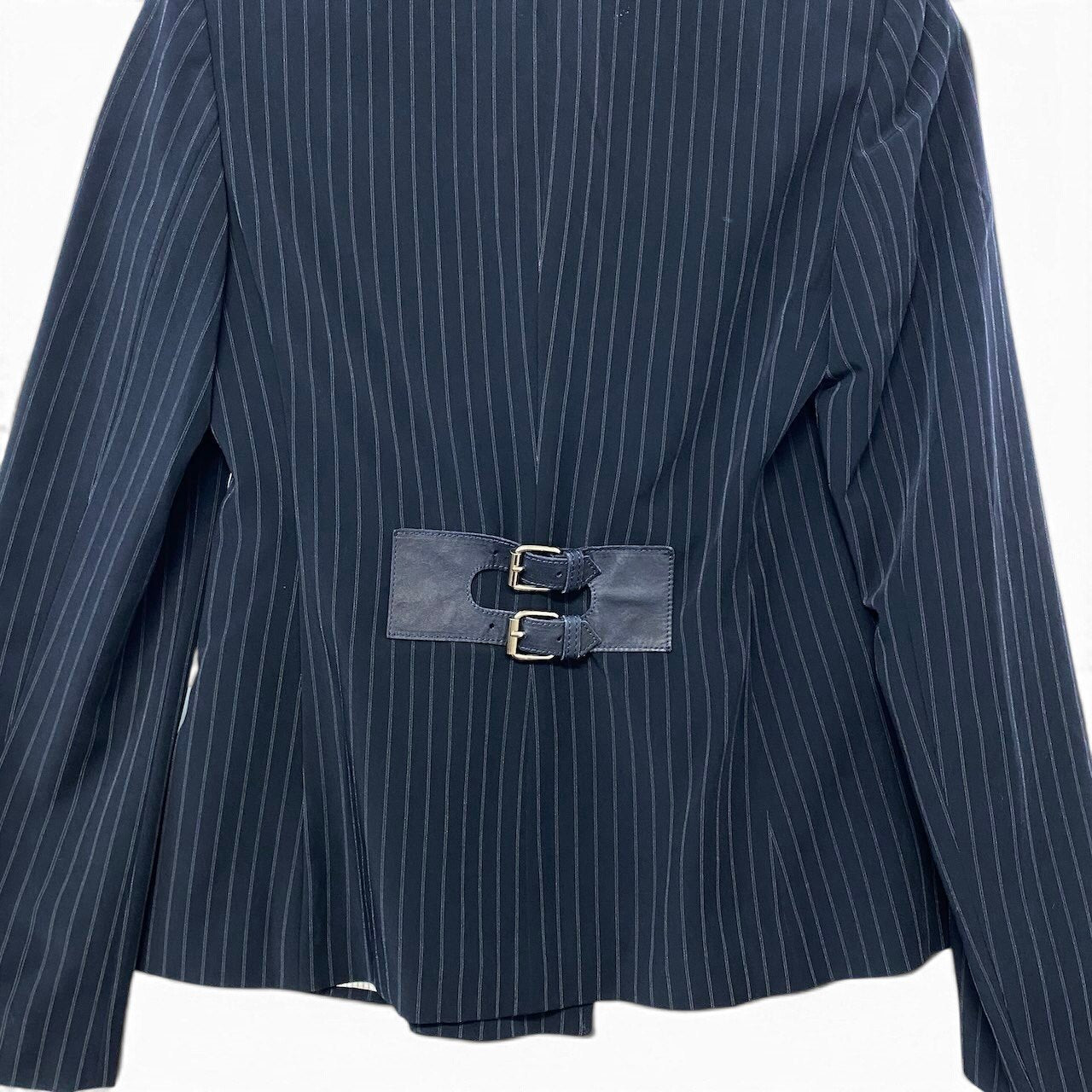 48i1 EMPORIO ARMANI エンポリオアルマーニ バックベルト テーラードジャケット ダブルブレスト ストライプ柄 ネイビー レディース 女性用u02t