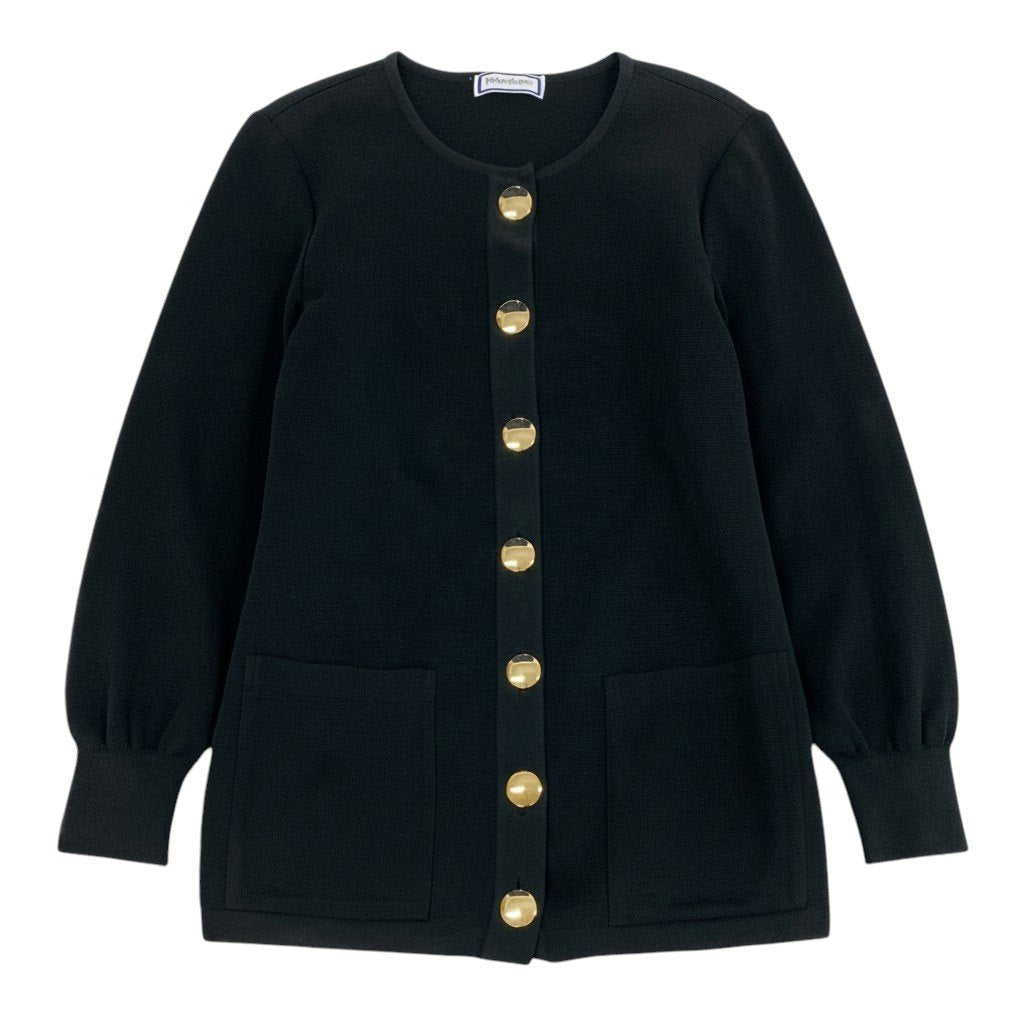 Ee25 YVES SAINT LAURENT イヴサンローラン YSL カーディガン ノーカラー ニットジャケット 金ボタン サイズM ブラック レディース 女性服o07t