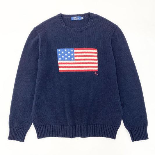 54h27 USA製 POLO RALPH LAUREN ポロラルフローレン 星条旗ニット セーター クルーネック サイズL ネイビー メンズ 紳士服u02t