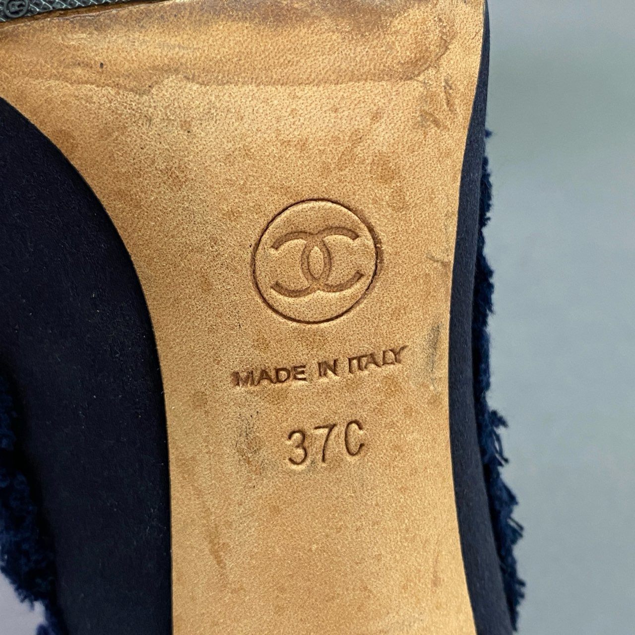 3j24 CHANEL シャネル CC ココマーク フリルリボン ヒールパンプス 37C ネイビー ブラック サテン パテントレザー エナメル シューズ Pumps イタリア製