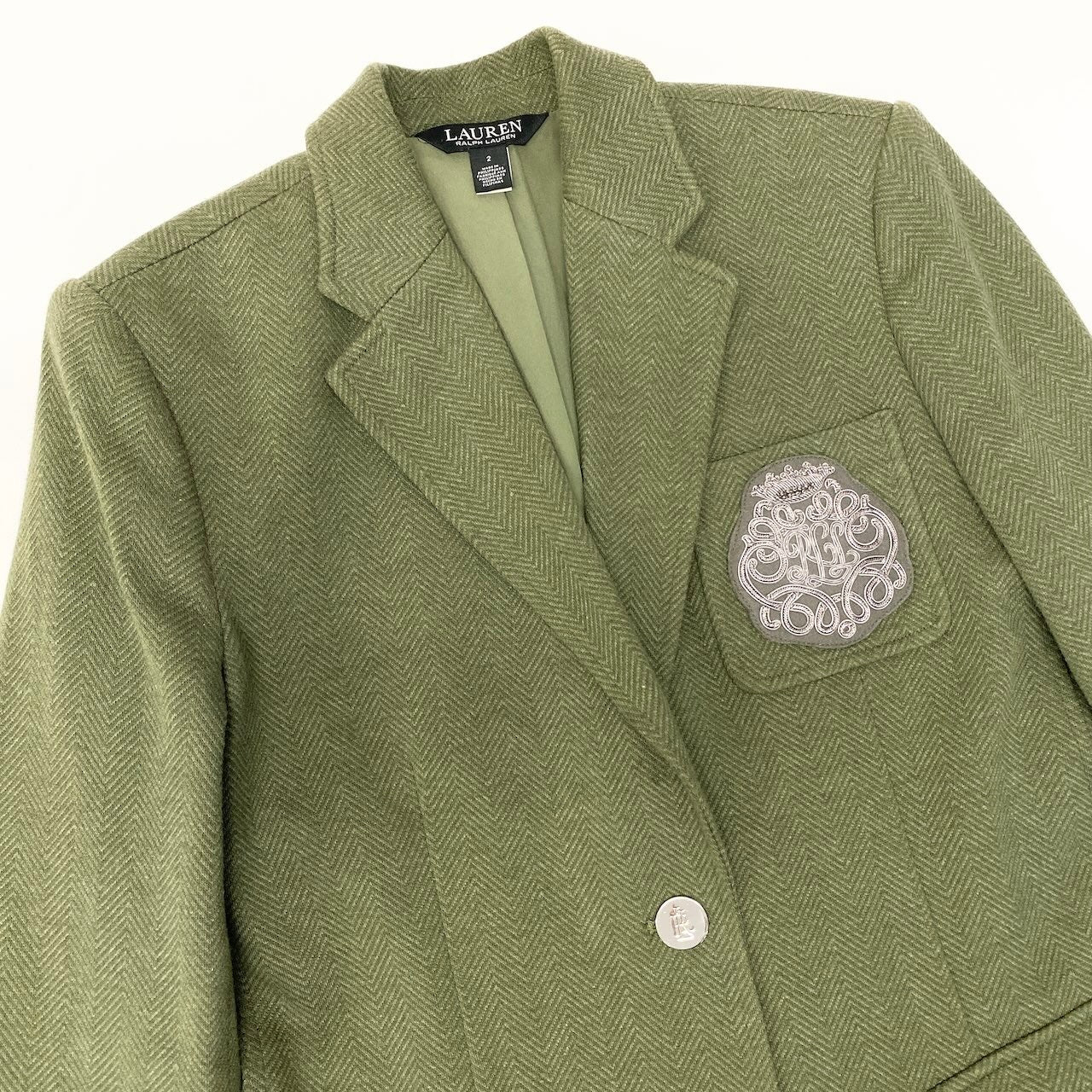 50e8【美品】 LAUREN RALPH LAUREN ローレン ラルフローレン ブリオンストレッチ コットンジャガード ブレザー テーラードジャケット ロゴパッチ 刻印ボタン サイズ２ カーキ レディース 女性用u02t
