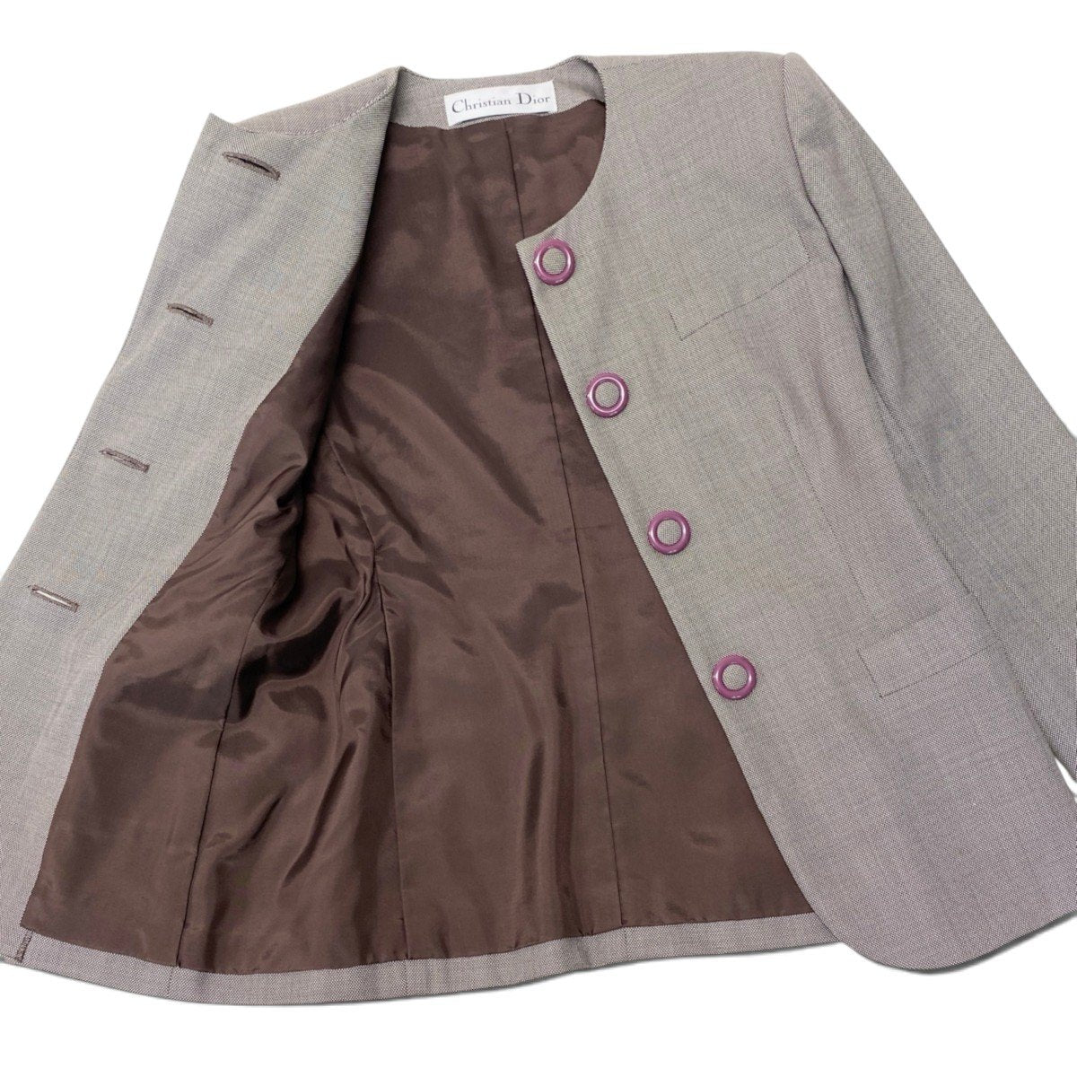 K Ei13 Christian Dior クリスチャンディオール ノーカラージャケット ウールジャケット くるみボタン ブラウン系 レディースo07t