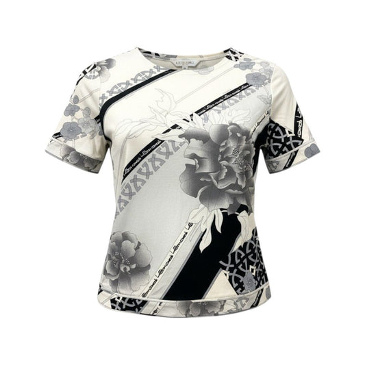 75b26 LEONARD レオナール 半袖カットソー 半袖Tシャツ 美しい花柄プリント 0538006 38サイズ ホワイト グレー コットン100％ レディース 女性用u02t