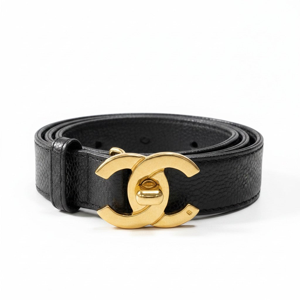g31 CHANEL ターンロック キャビアスキン ハイウエストベルト 25/65サイズ ブラック ゴールド レザー レディース 女性用k02i