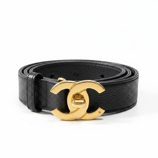 g31 CHANEL ターンロック キャビアスキン ハイウエストベルト 25/65サイズ ブラック ゴールド レザー レディース 女性用k02i